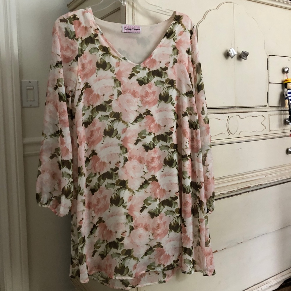 Daisy Shoppe Floral Green/Pink Long Sleeve Dress